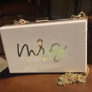 White “Mrs”. Script Box Clutch with Gold Chain for the bride or bachelorette.
